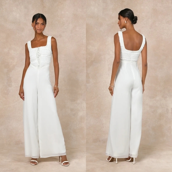 Lulus Majorly Iconic White Swiss Dot Ruffled Lace-Up Jumpsuit S Wedding Party - Picture 1 of 11